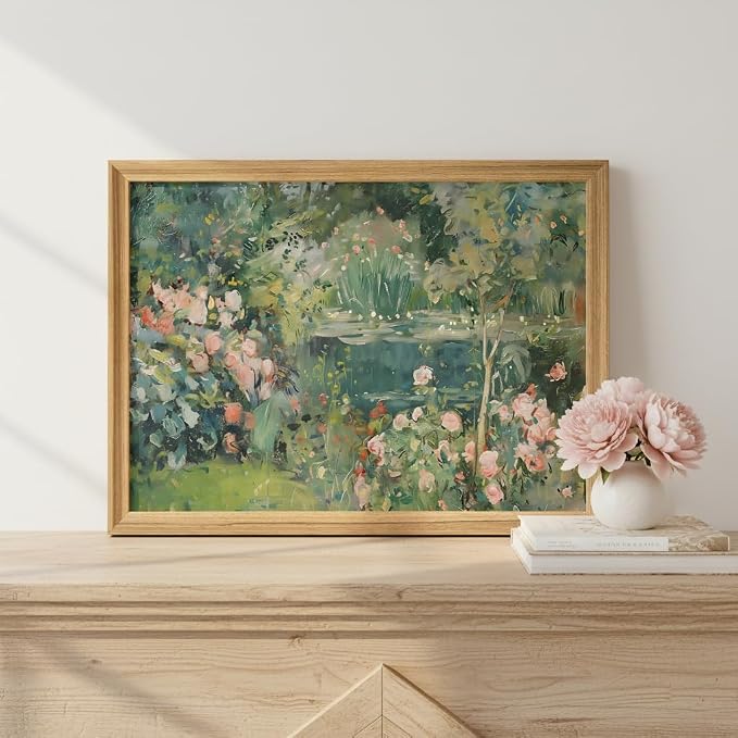 smvexyl Framed Cottage Garden Floral Landscape Wall Art, Vintage Rose Garden Pond Painting Canvas, Rustic Botanical Nature Decor, Farmhouse Style Home Wall Art for Living Room Bedroom Bathroom, 24x16 Inch