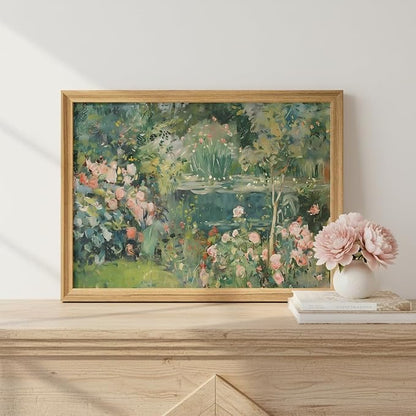 smvexyl Framed Cottage Garden Floral Landscape Wall Art, Vintage Rose Garden Pond Painting Canvas, Rustic Botanical Nature Decor, Farmhouse Style Home Wall Art for Living Room Bedroom Bathroom, 12x16 Inch
