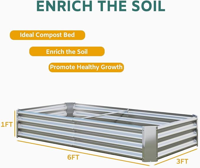 Metal Galvanized Raised Garden Bed Kit, 6 x 3 x 1 ft Galvanized Steel Raised Garden Planter Box Outdoor with Open Base for Growing Vegetables/Flowers/Herbs/Fruits/Succulents, Rectangle, Silver