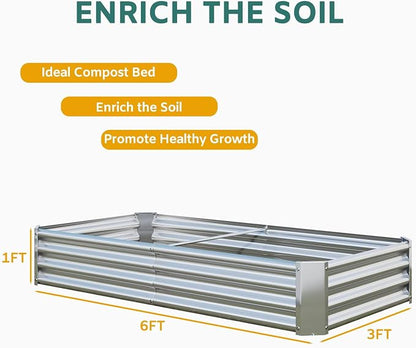 Metal Galvanized Raised Garden Bed Kit, 6 x 3 x 1 ft Galvanized Steel Raised Garden Planter Box Outdoor with Open Base for Growing Vegetables/Flowers/Herbs/Fruits/Succulents, Rectangle, Silver