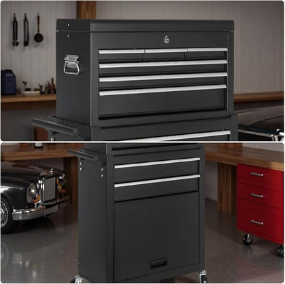 Tool Chest, 8-Drawers Rolling Tool Storage Cabinet with 2-in-1 Detachable Tool Box, Side Hooks, Liner, Lockable Wheels, Multifunctional Metal Tool Cart for Garage Warehouse, Black