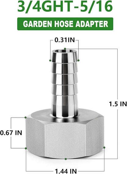 TAISHER 1PCS 304 Stainless Steel Garden Hose Repair Connector, 5/16" Barb x 3/4" GHT Female Garden Hose Adapter with Hose Clamps