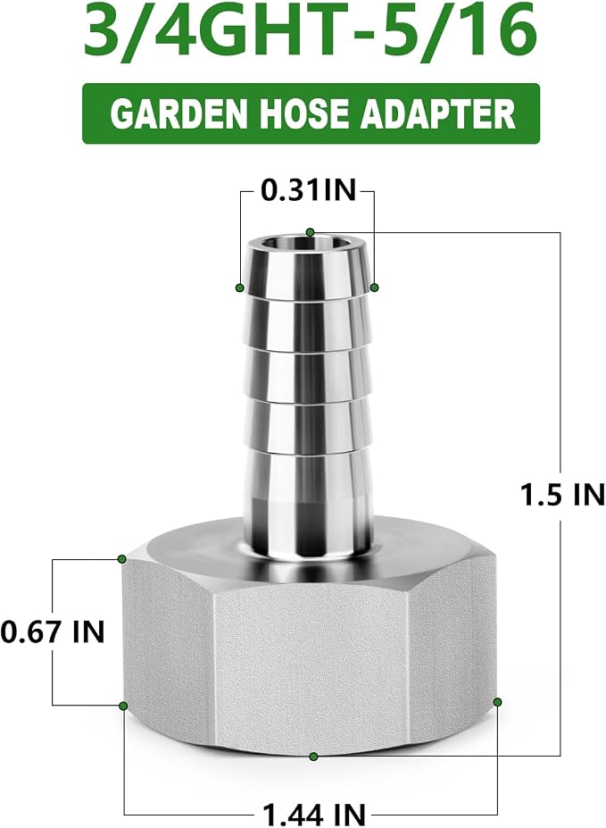 TAISHER 2PCS 304 Stainless Steel Garden Hose Repair Connector, 5/16" Barb x 3/4" GHT Female Garden Hose Adapter with Hose Clamps