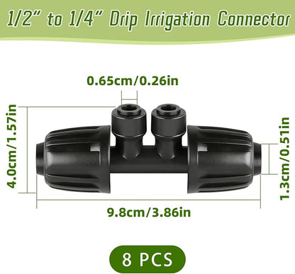 8 PCS 1/2" to 1/4" Drip Irrigation Tee Fittings,4 Way Barbed Tee 1/2 Inch to 1/4 Inch Quick Connect Irrigation Tubing Fittings,Anti-Leak Reducing Splitter Tee Connectors for Garden Irrigation System
