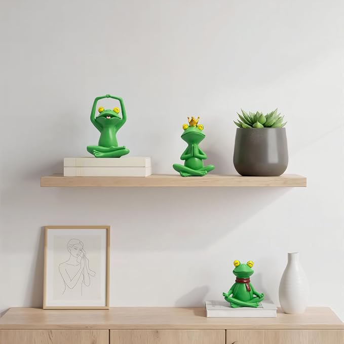 Set of 3 Meditating Green Frog Statues - Resin Zen Yoga Frogs Decor Sculptures - Small Cute Animal Figurines for Room, Shelf, Garden Patio - Relaxation Desk Decor & Gifts for Women