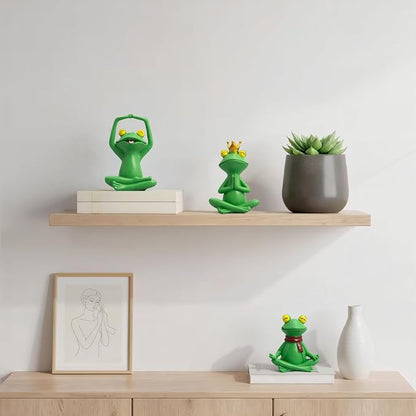 Set of 3 Meditating Green Frog Statues - Resin Zen Yoga Frogs Decor Sculptures - Small Cute Animal Figurines for Room, Shelf, Garden Patio - Relaxation Desk Decor & Gifts for Women