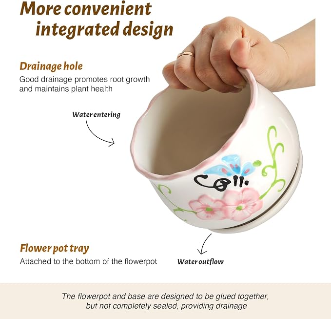 Flower Pots, Ceramic Plant Pots Set of 3, Small Succulent Pot with Drainage | 4/5.2/6.6 Inches, Cactus Planter with Saucer, Indoor Garden Pots