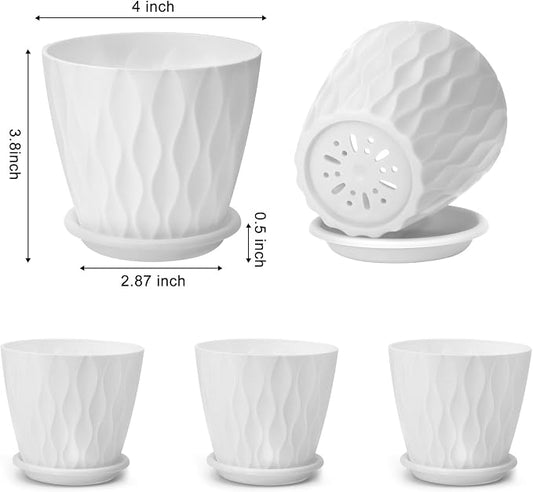 YNNICO 4 inch Plant Pots, 5 Pack Flower Pots Outdoor Indoor, Planters with Drainage Holes and Tray Saucers（White）