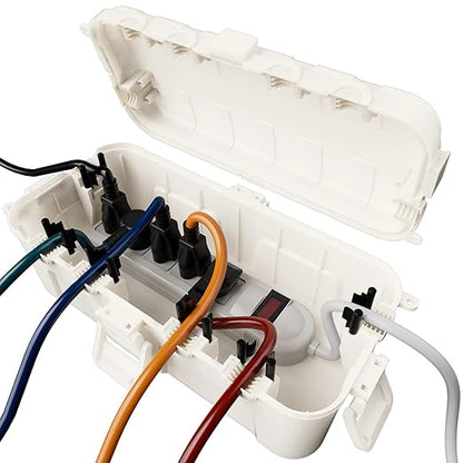 RESTMO Outdoor Electrical Box, IP54 Weatherproof Extension Cord Cover with 6 Cable Entry Ports, Waterproof Connection Box Protect Power Strip, Timer, Plug, Holiday Lights, (11.5x5.2x4 inch), White