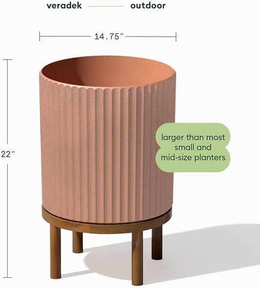 Veradek Demi Series Round Planter w/Stand for Porch/Patio | Durable Plastic-Stone Composite & Wooden Stand | Modern Décor for Tall Plants, Flowers