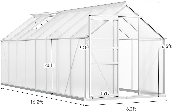 YITAHOME 16x6FT Polycarbonate Greenhouse for Outdoors, Large Heavy Duty Aluminum Greenhouses with Sliding Doors and Vent Window, Walk-in Greenhouse for Garden Backyard, Simple Setup, Silver