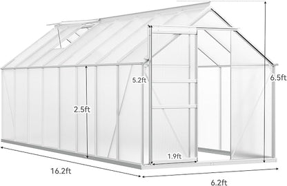 YITAHOME 16x6FT Polycarbonate Greenhouse for Outdoors, Large Heavy Duty Aluminum Greenhouses with Sliding Doors and Vent Window, Walk-in Greenhouse for Garden Backyard, Simple Setup, Silver