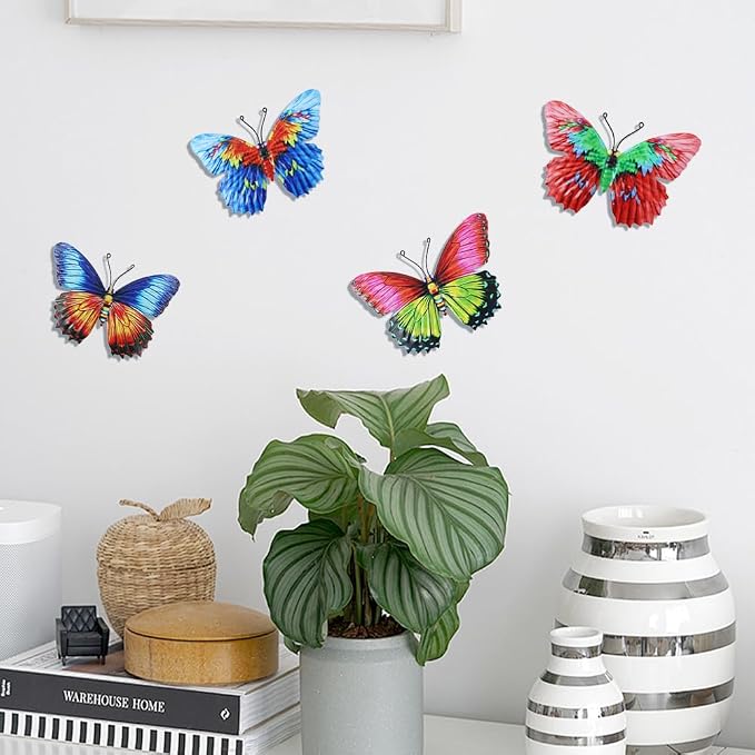 dreamskip 4 Pack Metal Butterfly Wall Decor Art, Colorful Butterflies Outdoor Wall Art, Hand Craft for Garden, Fence, Patio, Yard, Living Room, Bedroom