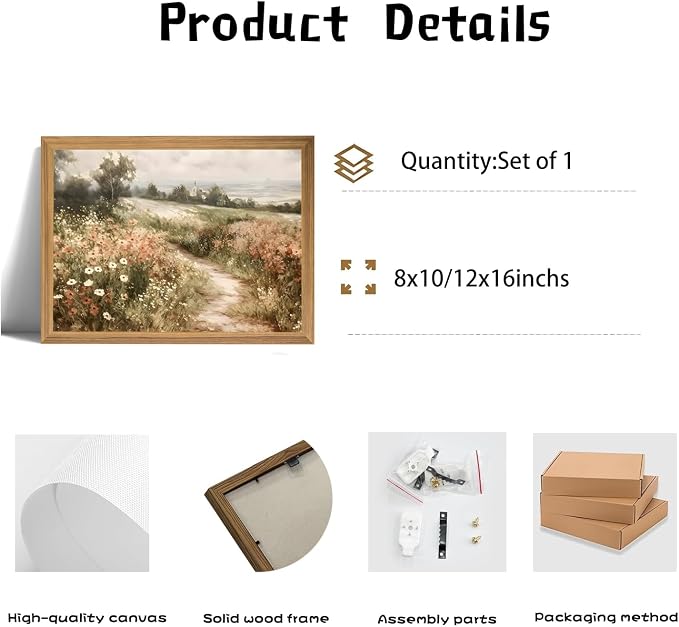 smvexyl Farmhouse Vintage Landscape Wall Art, Framed Canvas Print, Rustic Wildflower Meadow Country Path Painting for Living Room Bedroom Bathroom, 8x10 inch