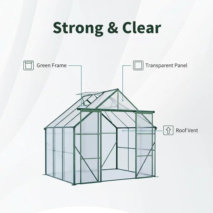 8x6 FT Greenhouse, Walk-in Polycarbonate Greenhouses with Double Sliding Doors, Aluminum Frame, Adjustable Roof Vent, Raised Base & Anchor, Outdoor Backyard Greenhouse for All Seasons, Green