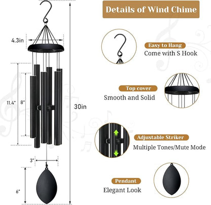 Wind Chimes for Outside Deep Tone, 30 Inch Memorial Wind Chimes with 6 Tuned Aluminum Tubes, Black Garden Decor for Sympathy Gift, Mother’s Day, Patio, Porch with S Hook & Greeting Card