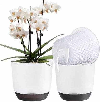 5.7Inch White Orchid Pots with Holes for Repotting, Double-Layer Plastic Self Watering Flower Pots for Indoor Plants with Drainage Holes, Clear Orchid Pot Match Decorative Orchid Container, 1 Pack
