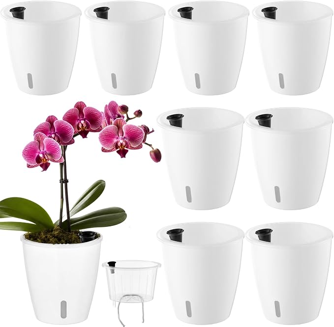 Upgraded Self Watering Pots for Indoor Plants, 8-Pack 5 Inch Top-Fill Self Watering Planter with Water Window, Orchid Pots, Clear Wick Inner Basket with Drainage, White