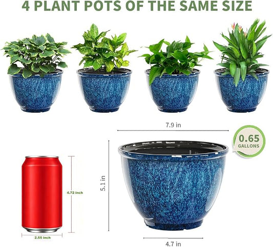 Vanslogreen 8 Inch Glazed Plastic Plant Pots, Set of 4 Planters with Drainage Holes - Indoor/Outdoor Flower Pots for Succulents, Herbs, Home Decor(Blue)