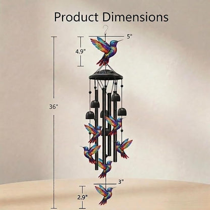 36" Rainbow Hummingbird Wind Chimes for Outside, Memorial Sister Gifts | Rainbow-gradient birds, black aluminum tubes, bells & S-hook. A soothing rustic deep tone decor for spring courtyards