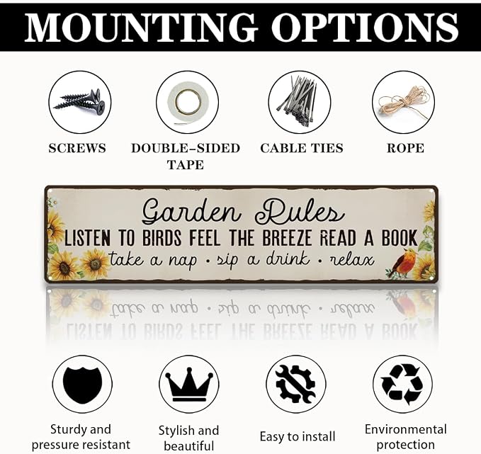 Garden Metal Tin Sign, Vintage Farmhouse Decor, Garden Rules Floral Wall Art, for Yard Fence Door Porch, Rustic Indoor Outdoor Gardens Decoration, 15.7 x 3.9 Inches