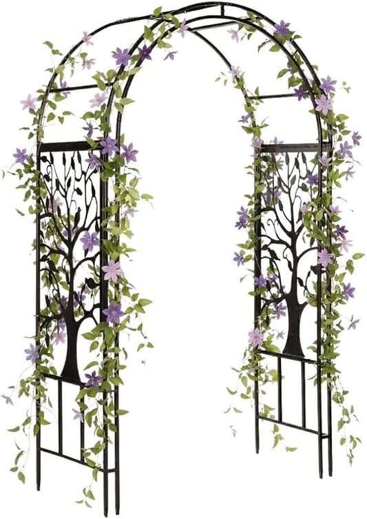 Plow & Hearth Metal Garden Arch Trellis Arbor Tree of Life Panels, 7 feet Freestanding Outdoor Arch Trellis for Climbing Plants, Pathway Entry and Wedding Garden Decor