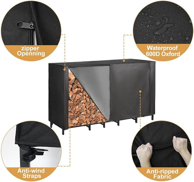Vailge Firewood Rack Cover 6FT, Waterproof Firewood Rack Outdoor Cover with Full Front Zipper & Windproof Straps, Heavy Duty 600D Oxford Log Protector for All Seasons
