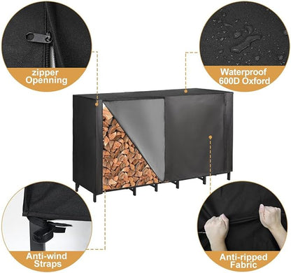 Vailge Firewood Rack Cover 6FT, Waterproof Firewood Rack Outdoor Cover with Full Front Zipper & Windproof Straps, Heavy Duty 600D Oxford Log Protector for All Seasons