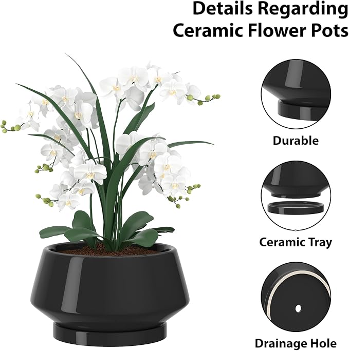 10 Inch Black Ceramic Planter with Drainage Hole and Saucer | Ideal for Indoor and Outdoor Plants, Modern Home Decor, Round, Gloss Black