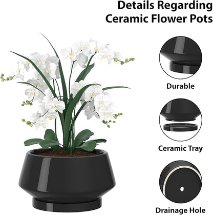 10 Inch Black Ceramic Planter with Drainage Hole and Saucer | Ideal for Indoor and Outdoor Plants, Modern Home Decor, Round, Gloss Black