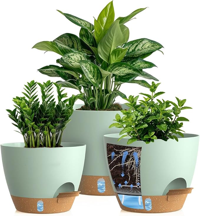 Self Watering Pots with Drainage Holes, 3 Pack 12/10/8 Inch Plant Pots with Water Level Indicator Deep Reservoir, Large Plastic Planter for Indoor Outdoor Plants - Green Brown