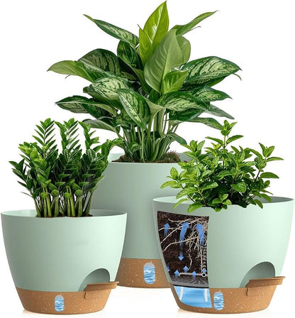 Self Watering Pots with Drainage Holes, 3 Pack 12/10/8 Inch Plant Pots with Water Level Indicator Deep Reservoir, Large Plastic Planter for Indoor Outdoor Plants - Green Brown