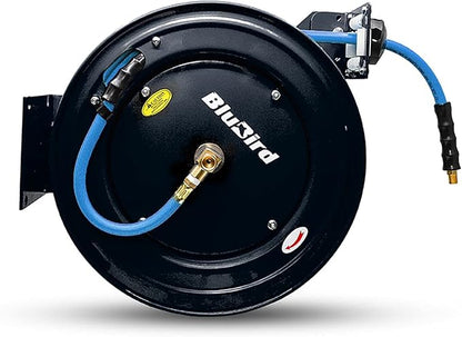 BLUBIRD BBR3825 20ga. Retractable Hose Reel with 3/8" x 25' Air Hose, 12 Point Ratcheting Gear, Next-Gen Rubber, Lightest, Strongest, Most Flexible, 300 PSI, -50F to 190F Degrees, Polyester Braided