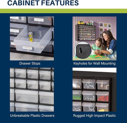 Akro-Mils 44-Drawer Plastic Drawer Storage Cabinet for Garage Organization, Bead Organizer, Building Bricks Storage, Teacher Toolbox, Makeup Organizer, 20-Inch W x 6-Inch D x 16-Inch H, 10144 Red