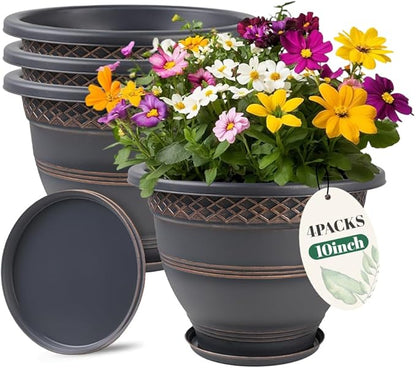 Usocik 10 Inch Plaid Plant Pots 4 Pack with Drainage and Saucers Copper | Copper plaid PP pots with drainage holes and saucers for herbs flowers succulents indoor patio porch