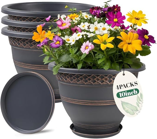 Usocik 10 Inch Plaid Plant Pots 4 Pack with Drainage and Saucers Copper | Copper plaid PP pots with drainage holes and saucers for herbs flowers succulents indoor patio porch