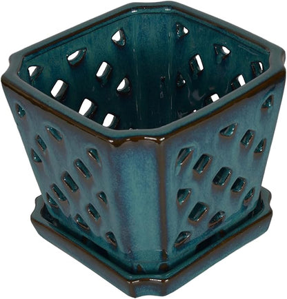 W&W Orchid Pot with Holes and Saucer for Repotting and Better Grow, Teal, 7"