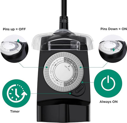 G-Homa 24 Hour Mechanical Outdoor Timer Outlet, Outdoor Timer for Lights, Waterproof, 2 Grounded Outlets, 15A 1/2HP, Heavy Duty, ETL Listed