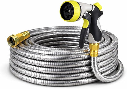 Metal Garden Hose 25 ft – 304 Stainless Steel Water Hose with Nozzle Sprayer, Garden Hoses Flexible, Lightweight, No Kink, Heavy Duty for Outdoor (25 ft)