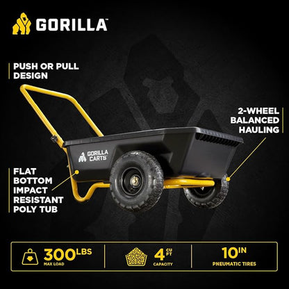 Gorilla Carts GCR-4 Poly Dump Cart, 2-Wheel Garden Wagon with Foldable Handle, 4 cu ft, 300 lb. Capacity, Black/Yellow