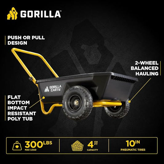 Gorilla Carts GCR-4 Poly Dump Cart, 2-Wheel Garden Wagon with Foldable Handle, 4 cu ft, 300 lb. Capacity, Black/Yellow