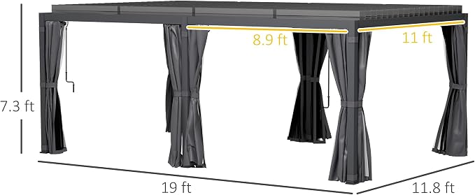 Outsunny 12' x 19' Louvered Pergola Hardtop Gazebo with Adjustable Aluminum Roof and Frame, Outdoor Pergola with Curtains and Netting, for Garden, Lawn, Backyard, and Deck, Dark Gray