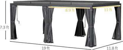 Outsunny 12' x 19' Louvered Pergola Hardtop Gazebo with Adjustable Aluminum Roof and Frame, Outdoor Pergola with Curtains and Netting, for Garden, Lawn, Backyard, and Deck, Dark Gray