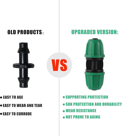 1/4 inch Drip Irrigation Fittings, Lock Barbed Coupling for ¼ in. tubing; Tubing Outside Diameter (OD) is 0.250 in., Internal Diameter (ID) is 0.170. in.(25Pcs/Pack) (Green-Coupling)
