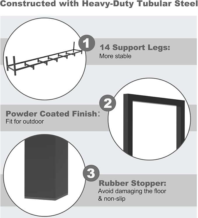 8ft Outdoor Firewood Rack Holder with 14 Support Legs for Fire Wood Pile Storage, Adjustable Heavy Duty Log Stacker Stand Organizer, Black