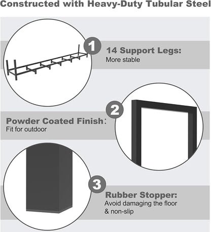 8ft Outdoor Firewood Rack Holder with 14 Support Legs for Fire Wood Pile Storage, Adjustable Heavy Duty Log Stacker Stand Organizer, Black