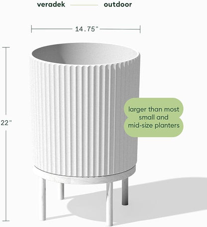 Veradek Demi Series Round Planter w/ Stand for Porch/Patio | Durable Plastic-Stone composite & Wooden Stand | Modern Décor for Tall Plants, Flowers