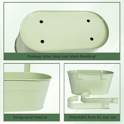 Balcony Hanging Planters Flower Pots, 10" Metal Flower Pots for Outdoor Balcony Rails, Fence Pot Hanging Plant Holders with Detachable Hooks for Garden Patio Yard Decor (Mint Green, 2Pcs)