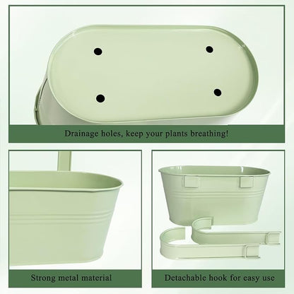 Balcony Hanging Planters Flower Pots, 10" Metal Flower Pots for Outdoor Balcony Rails, Fence Pot Hanging Plant Holders with Detachable Hooks for Garden Patio Yard Decor (Mint Green, 8Pcs)
