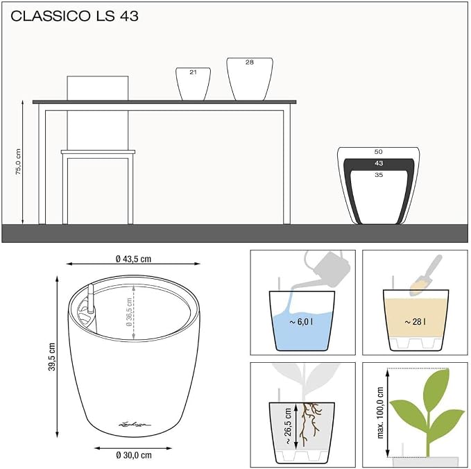 Lechuza Classico LS 43 Shiny Taupe High Gloss, Self-Watering Round Planter, D16.9 H15.7 in